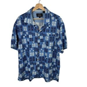 Nat Nast Silk Geometric Hawaiian Men's‎ Shirt Sz XL Button Up Blue Short Sleeve
